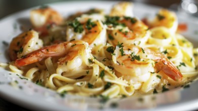 A plate of shrimp linguine garnished with parsley, capturing the essence of Italian cuisine, AI