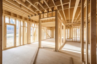 Unfinished interior of a prefabricated contemporary house. Construction site, building future home.