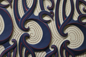 Maori style carvings on display at the National Library, Wellington, New Zealand, Oceania