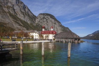 Pilgrimage church of St. Bartholomä at Königssee in autumn, Schönau, Berchtesgaden National Park,