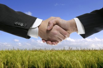 Businessman teamwork partners shaking hands in green nature
