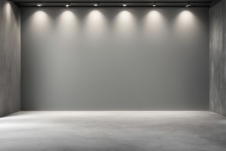Empty modern interior with concrete wall illuminated by spotlights, portraying a minimalist and