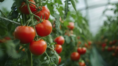 Ripe red tomatoes (Lycopersicon esculentum) growing on a vine in a green indoor greenhouse