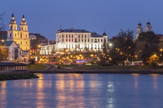 Minsk city center view and Svislach river in the evening