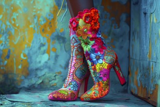 Vibrant women's boots with colorful embroidery and floral fabric, AI generated