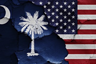 Flags of South Carolina and USA painted on cracked wall