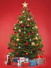 Beautiful decorated Christmas tree with colorful wrapped gifts under it. Isolated on bright red