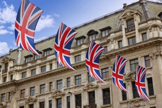 London UK flags in Oxford Street W1 Westminster England
