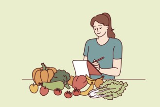 Woman nutritionist is standing near table with vegetables and making notes in notebook, making plan