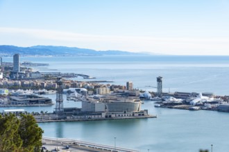 View of the Old Harbour and the sea from Montjuic in Barcelona, Spain, Europe