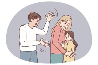 Mother protect child from aggressive father. Woman hide kid from authoritarian husband. Family