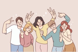 Portrait of smiling people posing together. Happy men and women have fun make diverse gestures.