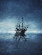 Beautiful painting of a ghost ship floating on the blue sea under the starry night sky. Wonderful