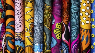 Colorful African print fabrics hanging and displaying diverse patterns, AI generated