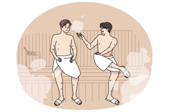 Happy male friends in towels relax in sauna on weekend together. Smiling men enjoy bathhouse