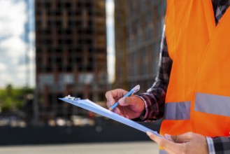 Close up construction engineer writing