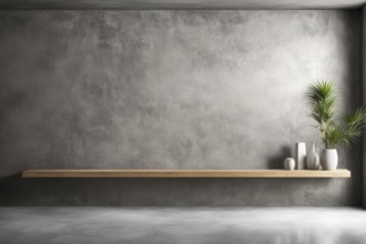 Modern minimalistic interior with concrete walls and floor, featuring a wooden shelf with