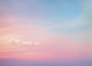 Minimal clouds with a pastel pink and blue gradient sky, AI generated