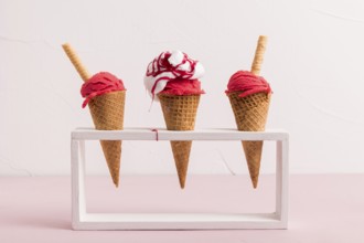 Red ice cream scoop cones with syrup waffle straw stand. High resolution photo