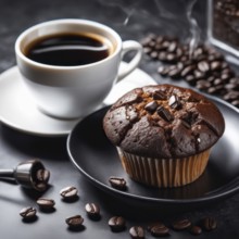 Black coffee in a white cup with a chocolate muffin topped with coffee beans on a dark background,