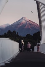 People on a bridge admiring a snow-capped mountain at sunset with a bird in the sky, Mount
