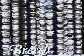Pottery bowls with first names in the window of a souvenir shop, old town of Vannes, Breton Gwened,