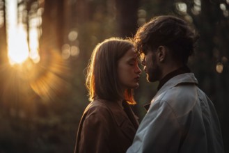 A couple shares an intimate moment in a forest with a sunset glow