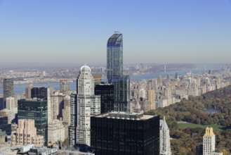 Viewing terrace of Rockefeller Center, view of Central Park surrounded by skyscrapers in autumn,
