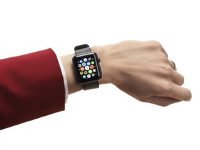 Woman hand with Apple Watch series 2 smartwatch on her wrist displaying app icons isolated on white