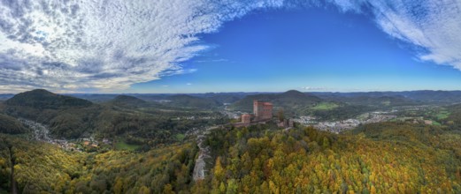 Aerial view, Reichsburg Trifels, Annweiler, Palatinate, Rhineland-Palatinate Forest in autumn,