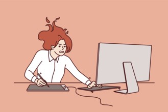 Nervous woman freelancer sitting at computer, feeling pressure due to tight deadlines to complete