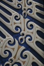 Maori style carvings on display at the National Library, Wellington, New Zealand, Oceania