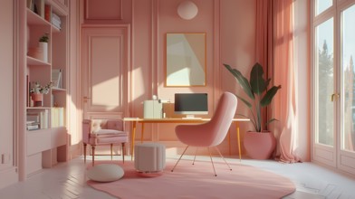 Cozy modern home office with pink hues and neat setup, bathed in natural light, 3D illustration,