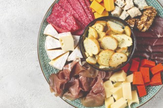 Assortment of cheese meat cuts, on a plate, top view, no people