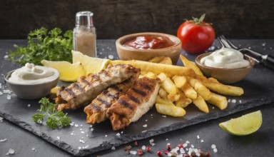 KI generated, Greek grill plate, chips, souflaki and gyros served on a slate plate