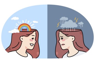 Young woman with bad mood and good mood. Unhappy and happy girl emotions. Concept of human
