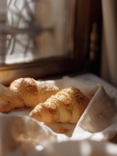 Freshly baked golden croissants on parchment paper bathed in warm sunlight, in Barcelona, AI