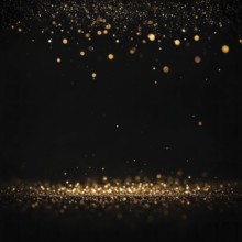 Glowing gold particles floating against a black background, resembling a starry night sky, AI