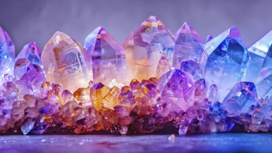 Highly detailed crystals with a blend of purple, orange, and blue colors, AI generated