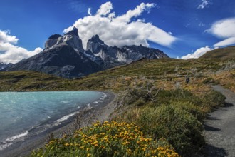 Mountaineers at Lago Nordenskjöld, Cuernos del Paine, Torres del Paine National Park, Patagonia,