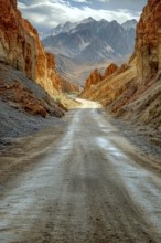 A narrow road winding through a mountain pass with high rocky walls and distant peaks under a