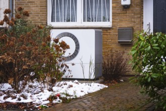 A heat pump behind faded hydrangea bushes in a front garden in Düsseldorf