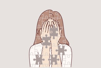 Depressed girl suffers from self-destruction and personality destruction, consists of mosaic with