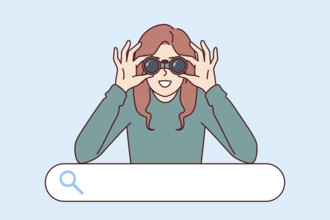 Woman is looking for necessary information standing over search bar and using binoculars. Concept