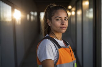 Confident woman in a reflective safety vest standing in a corridor with soft lighting, AI generated