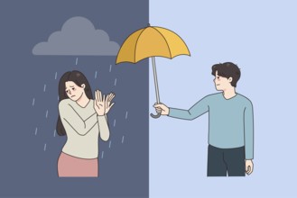 Depressed woman refuse from male friend help cover her with umbrella from rain. Unhappy girl suffer