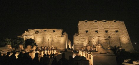 Illuminated great Amun temple of Karnak at night, Luxor, Egypt, Africa