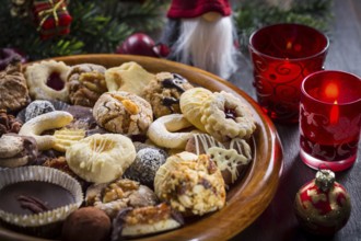 Assortment of homemade Christmas cookies with ornaments