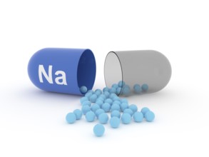 Open capsule with Na Sodium on a white table, food supplement concept, 3d rendering