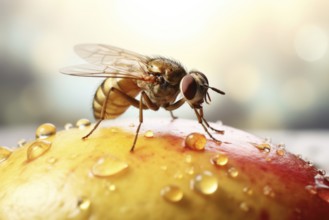 Close-up of a fruit fly, fruit fly, vinegar fly (Drosophila Melanogaster) on fruit, AI generated